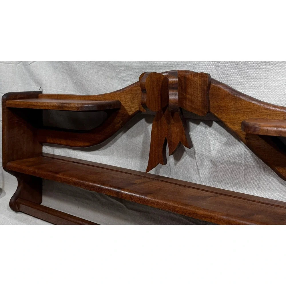 Vintage Walnut Wood Quilt Rack Wall Shelf Carved Bow Ribbon Display 38in GP 92